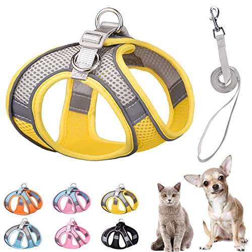 PETPUBGNZS Soft Small Dog Harness and Leash Set Step in Air Mesh Puppy Harness Leash Easy Walk Dog Harness Vest Adjustable Reflective No Pull Dog Harnesses for Small Dogs Cats (Yellow Grey,XS)