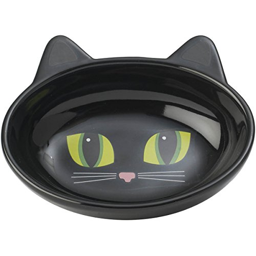 PetRageous 10011 Oval Frisky Kitty Stoneware Cat Bowl 5.5-Inch Wide and 1.5-Inch Tall Saucer with 5.3-Ounce Capacity and Dishwasher Safe is Great for Cats, Black