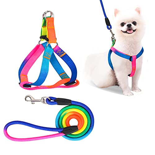 PetsHome Dog Harness & Leash Set Adjustable No Pull Safe Nylon Pet Harness with Leash for Outdoor Walking for Dogs Medium Rainbow