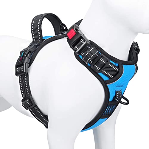 PHOEPET Reflective Dog Harness Large Breed Adjustable No Pull Vest with with Handle 2 Metal Rings 3 Buckles [Easy to Put on & Take Off](L, Blue)