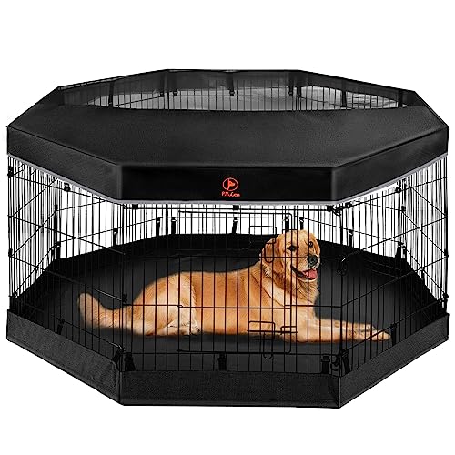 PJYuCien Dog Playpen - Metal Foldable Dog Exercise Pen, Pet Fence Puppy Crate Kennel Indoor Outdoor with 8 Panels 30”H & Top Cover and Bottom Pad for Small Medium Pets