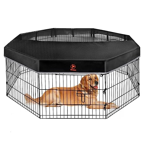 PJYuCien Dog Playpen - Metal Foldable Dog Exercise Pen, Pet Fence Puppy Crate Kennel Indoor Outdoor with 8 Panels 24”H & Top Cover for Small Medium Pets