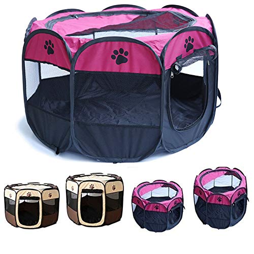 Portable Pet Playpen, Foldable Dog Playpens, Indoor/Outdoor Pet Exercise Kennel Tent Mesh Shade Cover Travel Dog Play Tent for Puppies/Dogs/Cats/Rabbits (S: 28"*28"*18", Rose)