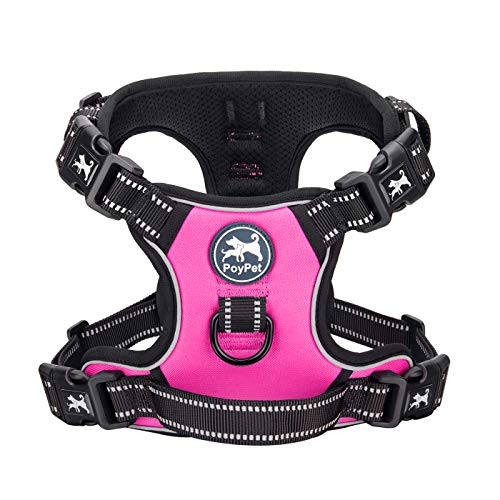 PoyPet 2019 Upgraded No Pull Dog Harness with 4 Snap Buckles, Reflective with Front & Back 2 Leash Hooks and an Easy Control Handle [NO Need Go Over Dog’s Head] (Pink,M)