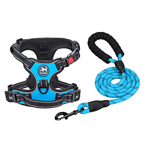 PoyPet Dog Harness and Leash Combo, Escape Proof No Pull Vest Harness, with 5 Feet Leash, Reflective Adjustable Soft Padded Pet Harness with Handle for Small to Large Dogs(Blue,XL)