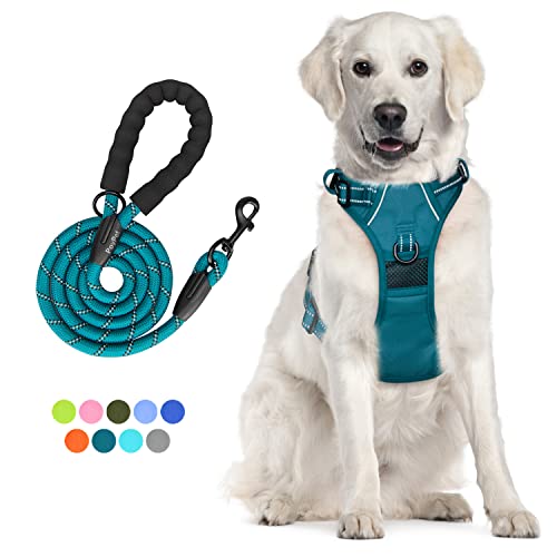 PoyPet No Pull Dog Harness and 5 Feet Leash Set, Release on Neck Reflective Adjustable Pet Vest, Front & Back 2 D-Ring and Soft Padded Pet Harness with Handle for Small to Large Dogs(Tumalo Teal,XL)