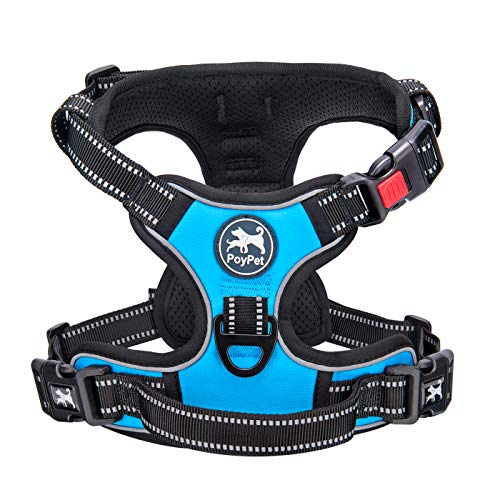 PoyPet No Pull Dog Harness, No Choke Front Clip Dog Reflective Harness, Adjustable Soft Padded Pet Vest with Easy Control Handle for Small to Large Dogs(Blue,L)