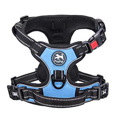 PoyPet No Pull Dog Harness, No Choke Front Clip Dog Reflective Harness, Adjustable Soft Padded Pet Vest with Easy Control Handle for Small to Large Dogs(Light Blue,M)