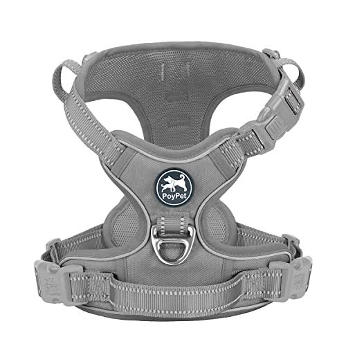 PoyPet No Pull Dog Harness, No Choke Reflective Dog Vest, Adjustable Pet Harnesses with Easy Control Padded Handle for Small Medium Large Dogs(Gray,M)