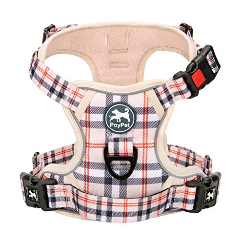 PoyPet No Pull Dog Harness, [Release on Neck] Reflective Adjustable No Choke Pet Vest with Front & Back 2 Leash Attachments(Checkered Beige,XS)