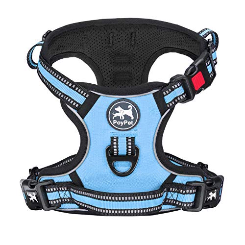 PoyPet No Pull Dog Harness, [Release on Neck] Reflective Adjustable No Choke Pet Vest with Front & Back 2 Leash Attachments, Soft Control Training Handle for Small Medium Large Dogs(Light Blue,S)