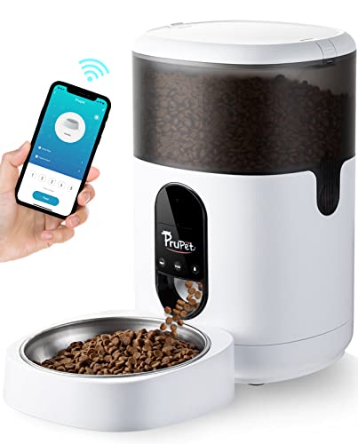 Prupet WiFi Automatic Cat Feeders, 4L Timed Cat Feeder, Cat Food Dispenser with Stainless Steel Bowl, APP Control Pet Feeder, Programmable Portion Control Meals, Granary for Small/Medium Pets