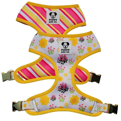 Puppy and Co. | Reversible Dog Harness with Two Designer Patterns | Padded Adjustable No Pull Dog Harness with Reflective Strips | Easy Walk Dog Harness | Dog Vest Harness (Yellow Floral, Small)