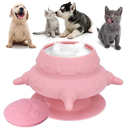 Puppy Feeder for Multiple Puppies, 240ml Silicone Puppy Milk Feeder Bowl with 4 Teats for Nursing Puppies, Nipple Puppy Bottles Puppy Feeding Station for Feeding Kittens, Puppies and Rabbits(Pink)