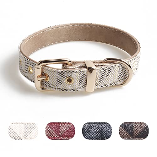 Puppy Leather Collar, Adjustable Basic Collar, Check Pattern Durable Leather Collar with Metal Buckle, Suitable for Small & Medium and Large Dogs