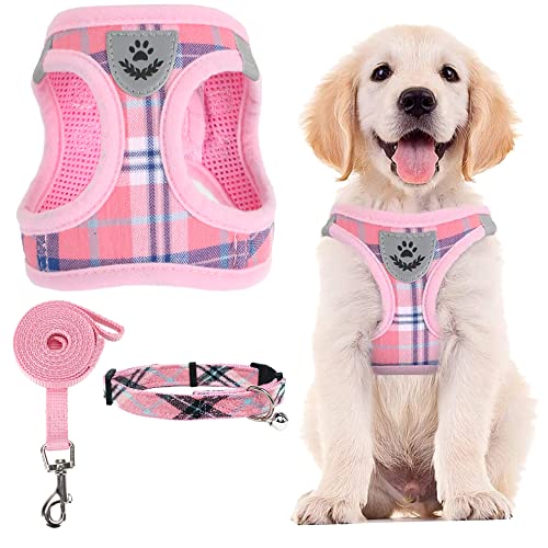 PUPTECK Adjustable Dog Harness Collar and Leash Set Step in No Pull Pet Harness for Small Medium Dogs Puppy and Cats Outdoor Walking Running, Soft Mesh Padded Reflective Vest Harnesses, Pink XS