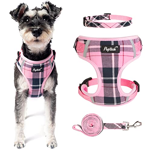 PUPTECK Dog Harness and Leash Collar Set for Small Medium Dogs Puppy and Cats Walking No Pull Adjustable Reflective Soft Mesh Padded Plaid Harnesses Pet Accessories, Pink, M