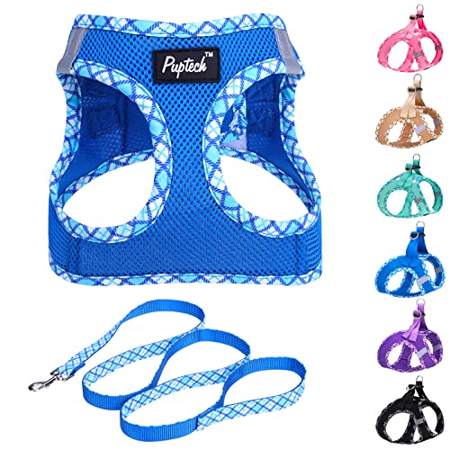 PUPTECK Dog Harness and Leash Set for Small Medium Dogs No Pull Step-in Soft Mesh Puppy Cat Vest Harnesses Reflective at Night, Blue S