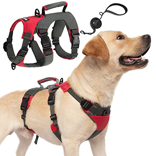 PUPTECK Escape Proof Dog Harness - Adjustable No Pull Dog Vest and Double Handles Leash Set Soft Padded Lift Handle for Medium Large Dogs Training Hiking Walking Hunting, Red Large