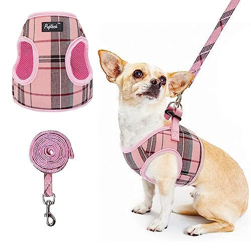 PUPTECK Soft Mesh Dog Harness and Leash Set Step-in Plaid Puppy Padded No Pull Vest Harness for XS Small Medium Sized Dogs Cats Outdoor Walking, Pink S