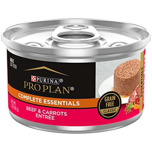 Purina Pro Plan Grain Free Wet Cat Food Pate, COMPLETE ESSENTIALS Beef & Carrots Entree Classic - (24) 3 oz. Pull-Top Cans