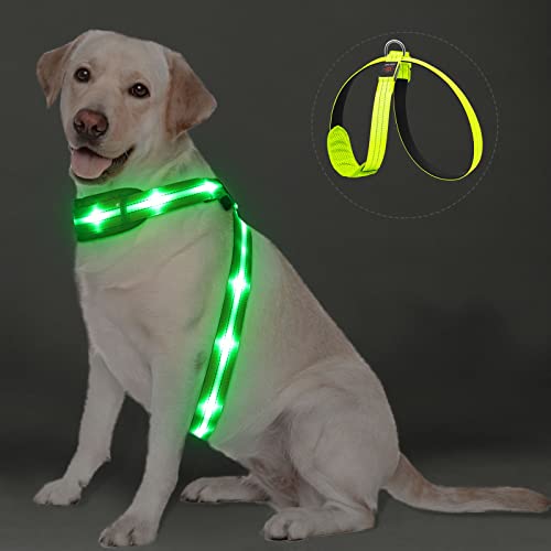 PZRLit LED Light Up Dog Vest Harness Rechargeable, Soft Padded, Adjustable & Reflective Lighted Dog Harness Waterproof, Glow Dark Dog Light Harness for Camping Night Safety Walking, Large Green