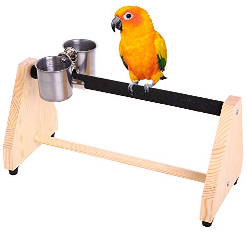 QBLEEV Parrot Play Wood Stand Bird Grinding Perch Table Platform Birdcage Feeder Stands with Feeder Dish Cup Portable Table Playstand for Small Cockatiels, Conures, Parakeets, Finch