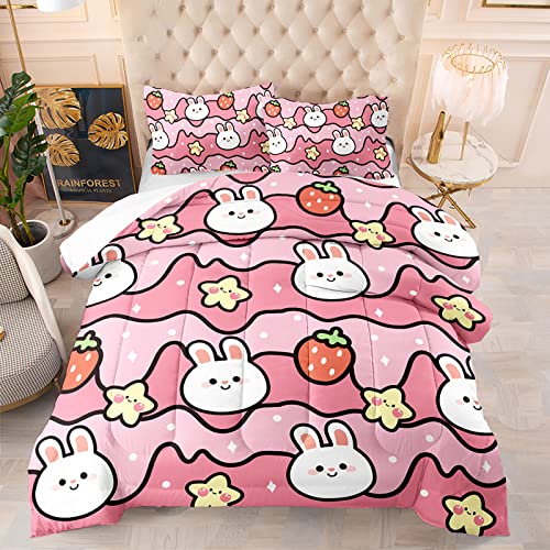 QOOMO Kawaii Rabbit Comforter,Strawberry Rabbit Comforter Set for Kids Teens Girls,3Pcs Bedding Set Printed Comforter with 2 Pillowcases,Down Alternative,Soft and Lightweight(Pink，Queen Size)