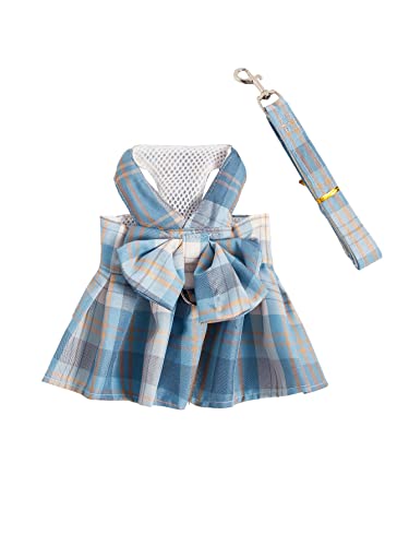 QWINEE 2pc Plaid Print Dog Dress Harness & Leash Set Bow Decor Puppy Cat Princess Dress with Leash Chihuahua Yorkies Dress Cute Summer Dress for Small Medium Dogs Cats Kitten Blue S