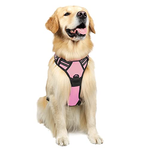 rabbitgoo No-Pull Pet Harness with 2 Leash Clips, Adjustable Soft Padded , Reflective No-Choke Pet Oxford Vest with Easy Control Handle for Large Dogs, Pink, L