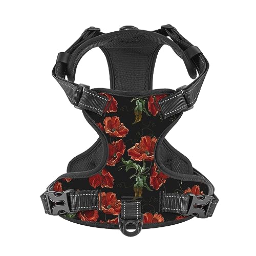 Red Poppy Flower Print Dog Harness No Pull Reflective Adjustable Straps No Choke Dog Harness,Dog Harness for Small Medium Large Dogs No Pull Dog Pet Harness Vest Collar