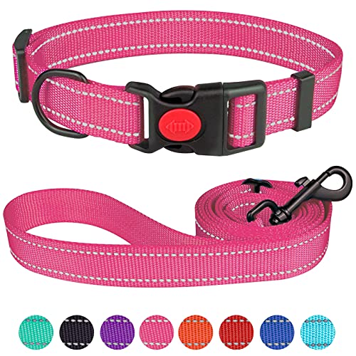 Reflective Dog Collar and Leash Set with Safety Locking Buckle Nylon Pet Collars Adjustable for Small Medium Large Dogs 3 Sizes(Hotpink&M)