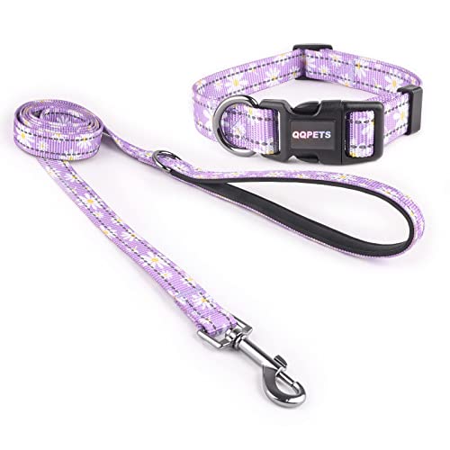 Reflective Dog Collar Leash Combo: Puppy Small Medium Large Adjustable Cute Matching Collar Set for Pet Girl/Boy Comfy Easy Walk Running Outdoor Hiking (XS Small, Purple)