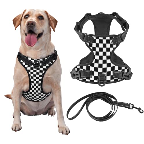 Reflective Vest Harness Checkerboard and Black and White Grid Adjustable No Pull Pet Harness Stylish Oxford Easy Control Puppy Walking Outside Training-Medium