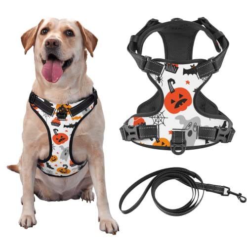 Reflective Vest Harness Happy Halloween Pumpkins Bats Adjustable No Pull Pet Harness Stylish Oxford Easy Control Puppy Walking Outside Training-Medium