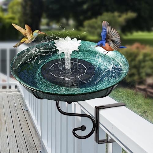 Ribgwo Deck Mounted Bird Bath for Hummingbirds,Solar Bird Bath Fountains with 7 Color LED Lights,Adjustable Metal Durable Deck Bird Bath Holder for Outdoor Railings, Garden, Patio