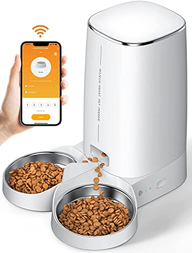 ROJECO Automatic Cat Feeders for 2 Cats, 4L Cat Food Dispenser with APP Control, Double Stainless Steel Bowls, Dual Power Supply and Low Food Alarms, 2.4GHz Wi-Fi Enabled Pet Feeder for Cats and Dogs