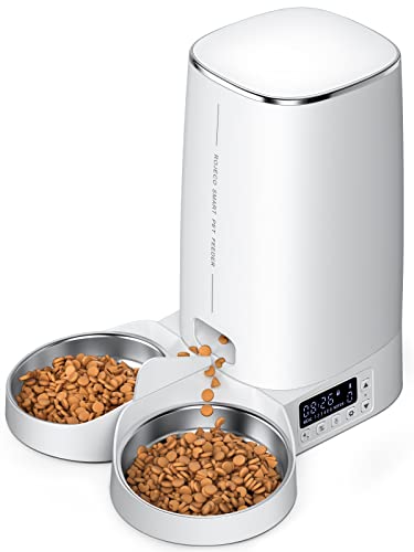 ROJECO Automatic Cat Feeders for 2 Cats, 4L Timed Cat Feeder Dog Dry Food Dispenser with Splitter and Desiccant Bag, Dual Power Supply and Low Food Alarms, 1-6 Meals and 1-60 Portion Smart Pet Feeders