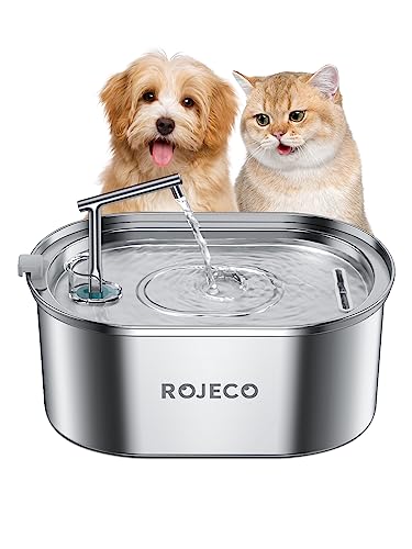 ROJECO Cat Water Fountain Stainless Steel,108oz/3.2L Ultra Quiet Pet Water Fountain for Cats inside，Double Filtration System，Dishwasher Safe，Large Capacity Automatic Water Dispenser for Multiple Pets