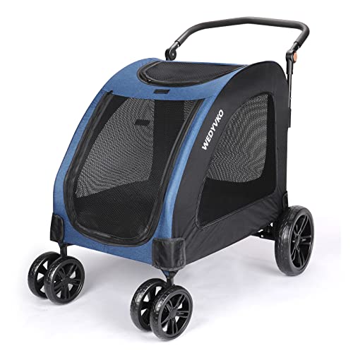 Rultyn Pet Dog Stroller for Medium Large Dogs - Foldable Jogger 4 Wheels Pet Stroller with Adjustable Handle, Back/Front Entry, Breathable Mesh for Small to Large Dogs and Other Pet Travel (Blue)