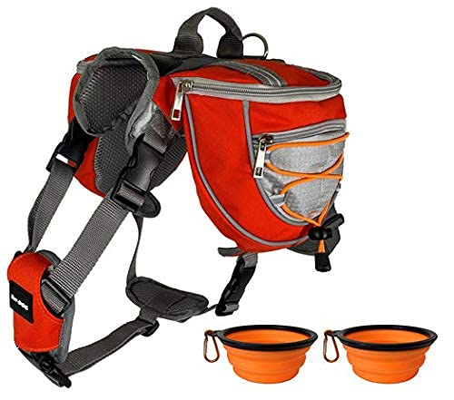 Saddlebag Back Pack & Harness Combo for Dogs 30-100+ lbs. Perfect for Travel, Trail Hiking, & Camping. Reflective, Lightweight, & Comfortable. Comes with Two Collapsible Bowls (Large, Orange)