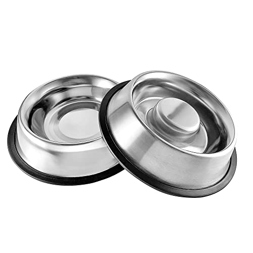 Sazeepetz Stainless Steel Slow Feed Premium Dog or Cat Bowl Set of 2 (Slow Feeder + Water Bowl). Anti-gulping, Non-Tip & Non-Skid, Premium Metal Dog Bowls, Bloat, Indigestion. Small