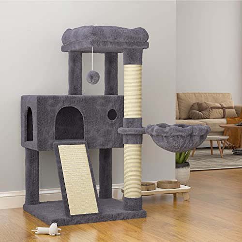 SHA CERLIN 36" Cat Tree with Cat Hammock, Multi-Level Cat Condo with Scratch Post, Ramp and Top Perch, Soft Plush for Kittens, Smoky Grey