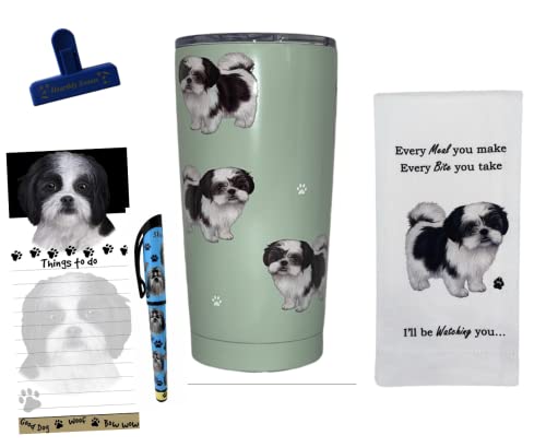 Shih Tzu dog lovers gifts set Includes dog print stainless steel Serengeti tumbler, kitchen tea towel, Fridge notepad and pen with hearthly clip 5 pc set