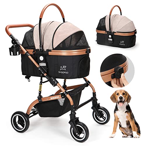 SKISOPGO 3-in-1 Pet Strollers for Small Medium Dogs Cat with Detachable Carrier Foldable Travel Pet Gear Stroller (Khaki)