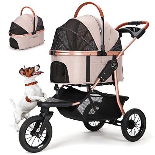 SKISOPGO Pet Strollers for Small Medium Dogs/Cats, No-Zip 3 Wheels Dog Jogger Strollers with Detachable Carrier, 3 in 1 Dog Wagon Strollers, Removable Liner, Rubber Wheels for Long Walks (Khaki)