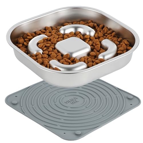 Slow Feeder Dog Bowls, Nayelf Dog Slow Feeder Bowl Stainless Steel, Dog Bowl Slow Feeder with Non-Slip Licking Mat Slow Feeder Dog Bowls Snack Bowl Dog Slow Food Feeding Slow Eating Healthy