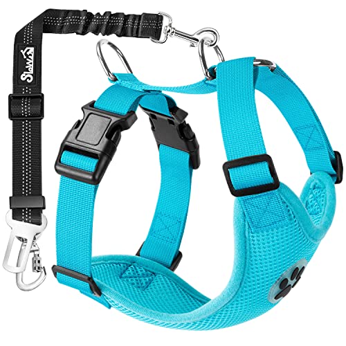 SlowTon Dog Car Harness Seat Belt Set, Dog Vest Harness Adjustable Mesh Breathable & Vehicle Safety Seatbelt Tether with Elastic Bungee for Small Medium Large Pets (Light Blue, M)