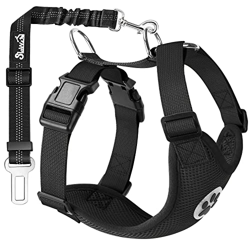 SlowTon Dog Seat Belt Car Harness Set - Adjustable Dog Seatbelt with Carabiner for Most Cars, Breathable Dog Vest Harness Padded with Car Safety Leash for Small Medium Large Dogs Puppy Cats(Black M)