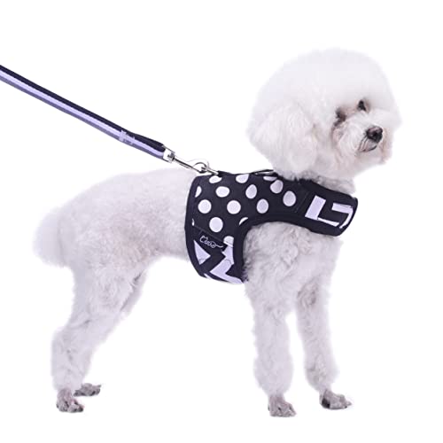 Small Dog Harness and Leash Set Small Pet Harness, Adjustable Soft Padded Dog Vest for Poodle, Pomeranian, Chihuahua, Minlature Pinscher Under 13LBS, Polka Black